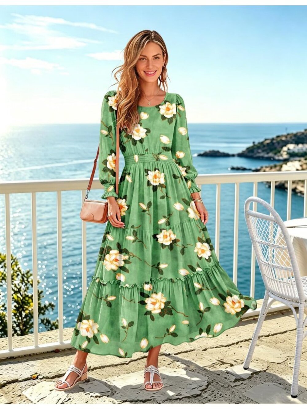 Women's Light Green Long Sleeve Round Neck Smocked Waist Side Pockets Maxi Dress - Picture 3 of 5